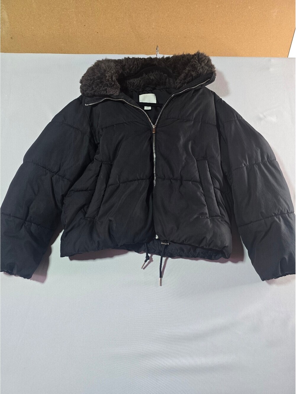 H&M Black Hooded Puffer Jacket Womens XS Polyester Faux Fur Trim Cropped Winter